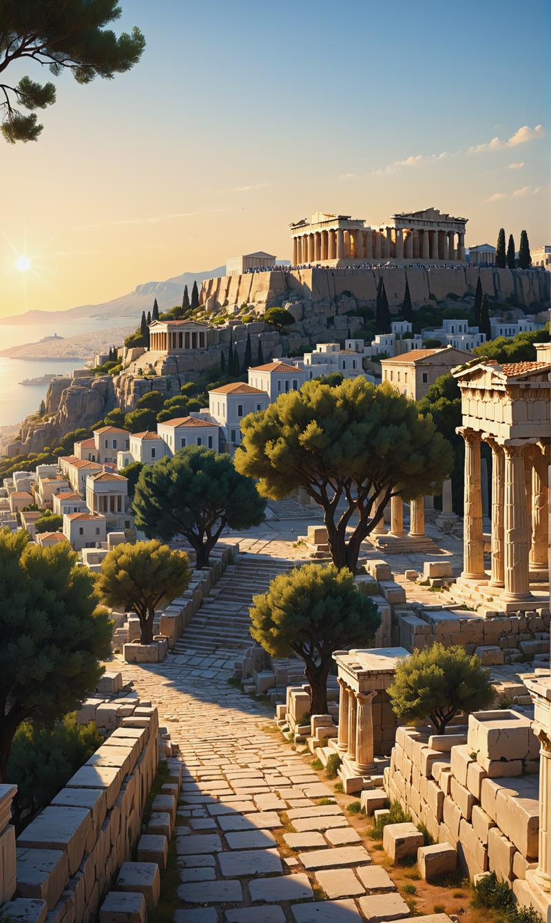 02464-697946366-Ancient Greek city at sunrise, Acropolis standing majestic against the warm hues of the morning sky, Doric columns casting long.png